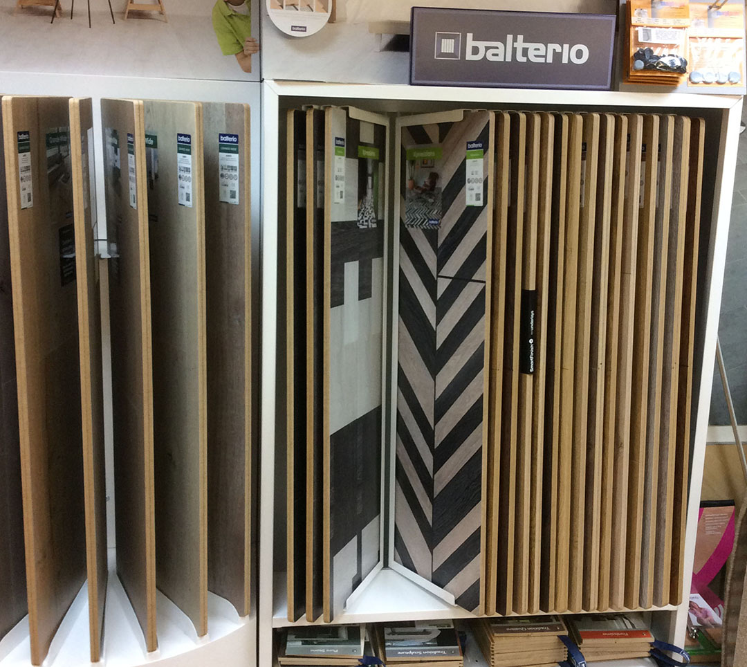 Balterio laminate sample boards in the showroom rack